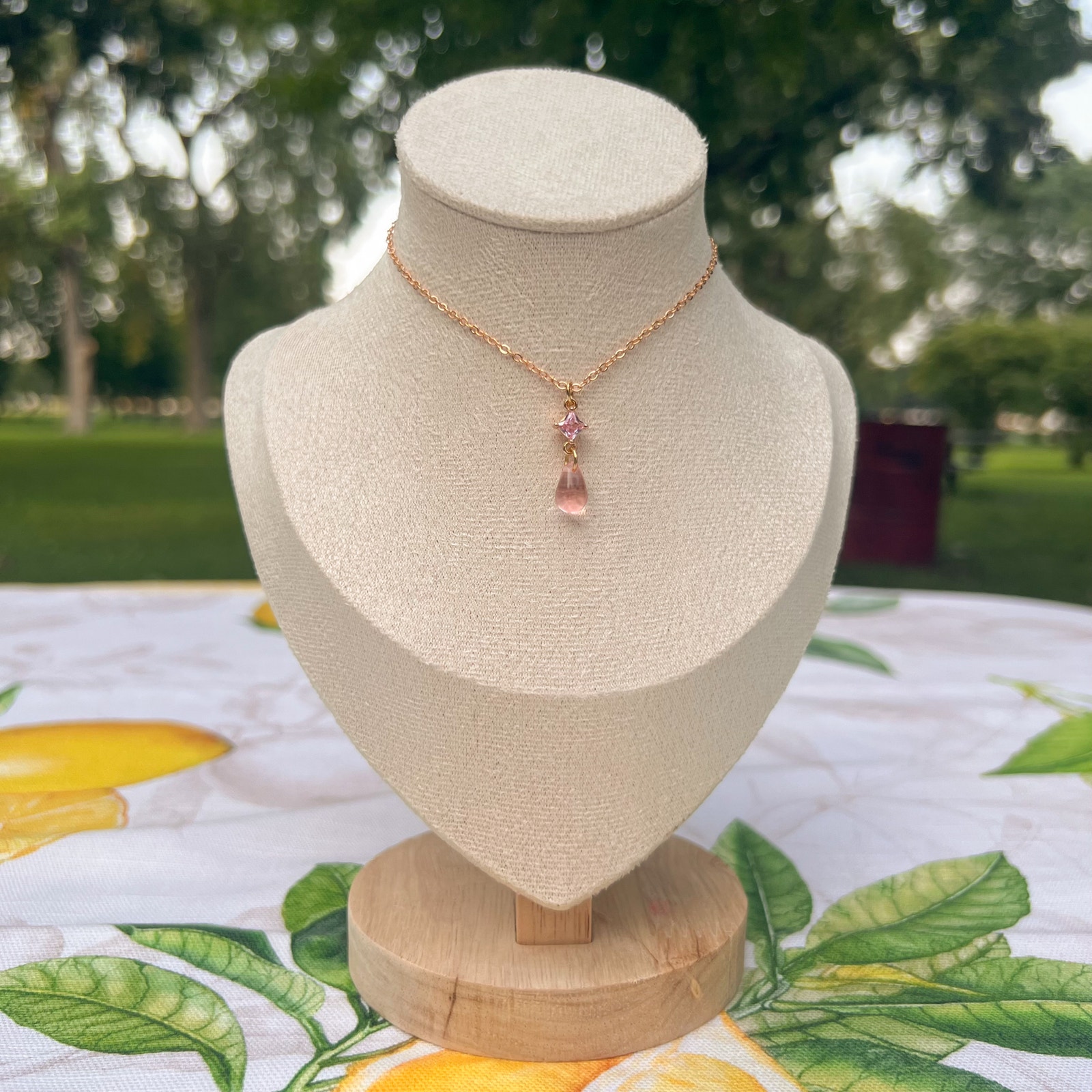 Rose Quartz Pink Czech Glass Zirconia Crystal Dainty Cute Minimalist Necklace